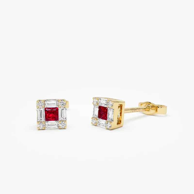 14K Princess-Cut Ruby Stud Earrings with Diamond Halo