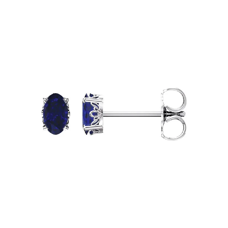 14k White Gold Stud Earrings with Oval Lab Created Blue Sapphire