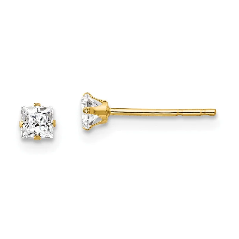 3mm Princess Cubic Zirconia Stud Earrings in 14k Yellow Gold