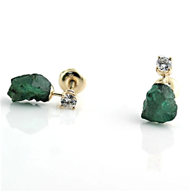 Rough Emerald and Diamond Stud Earrings 14K Yellow Gold