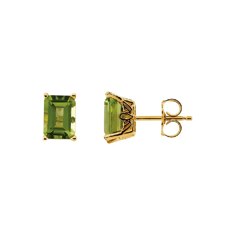 Emerald Octagon Cut Peridot Stud Earrings in 14k Yellow Gold