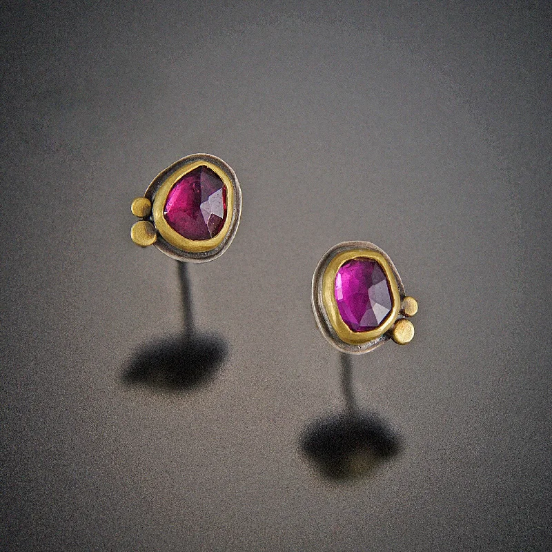 Garnet Stud Earrings with Two 22k Dots