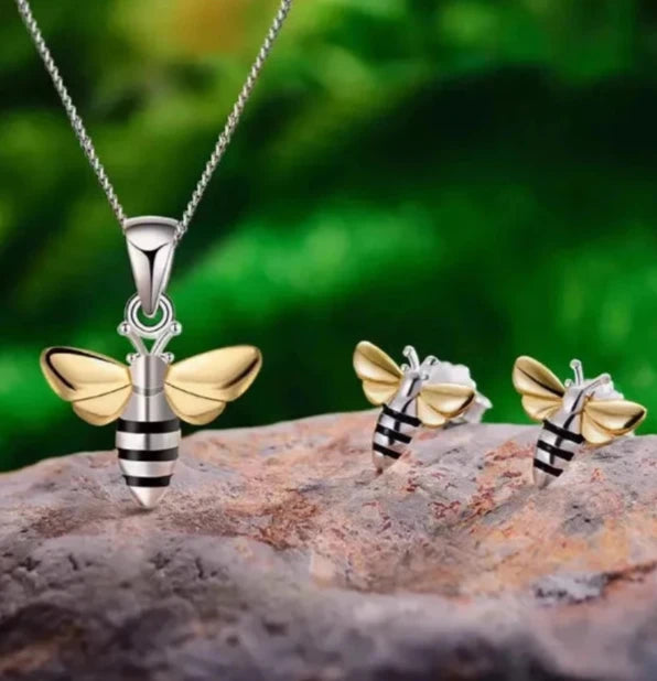 LOVCIA Honey Bee Jewelry Set - Sterling Silver Honey Bee Pendant & Stud Earrings Set