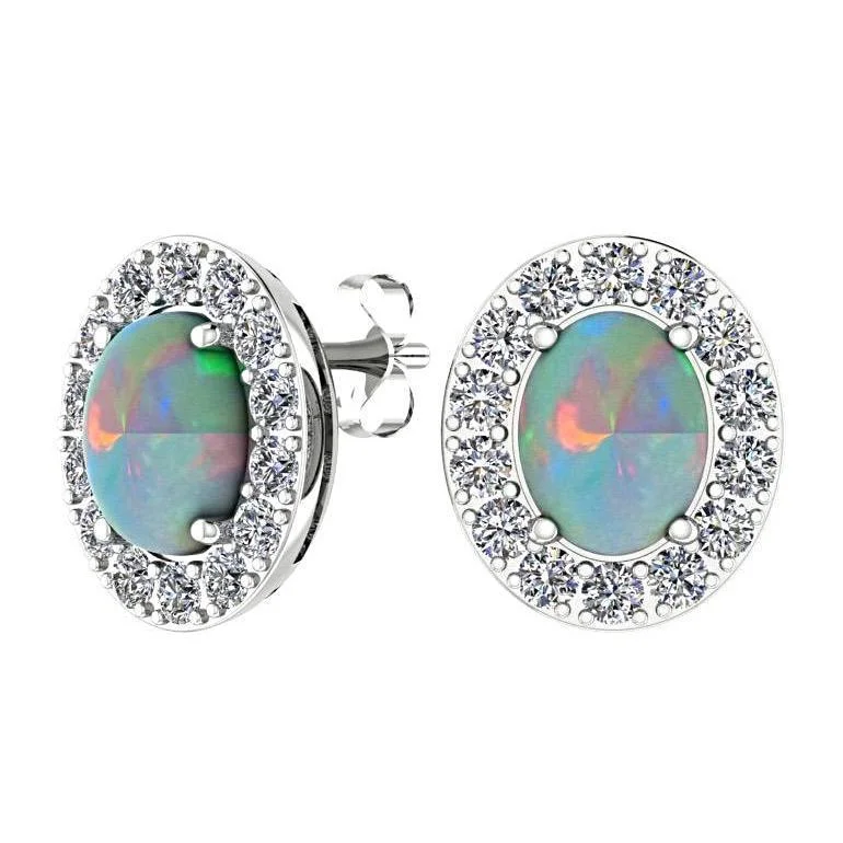 Opal and Diamond Halo Stud Earrings 14K White Gold