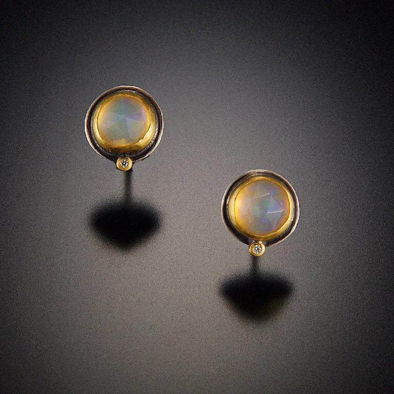 Opal Stud Earrings with Diamond Dot