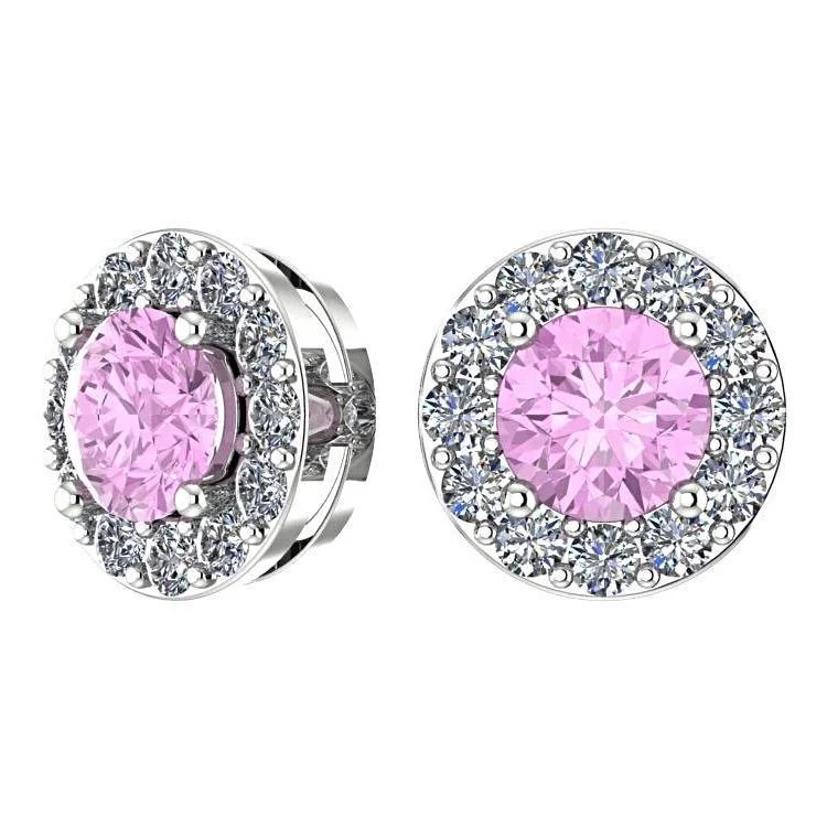 Pink Tourmaline Diamond Halo Stud Earrings 14K White Gold