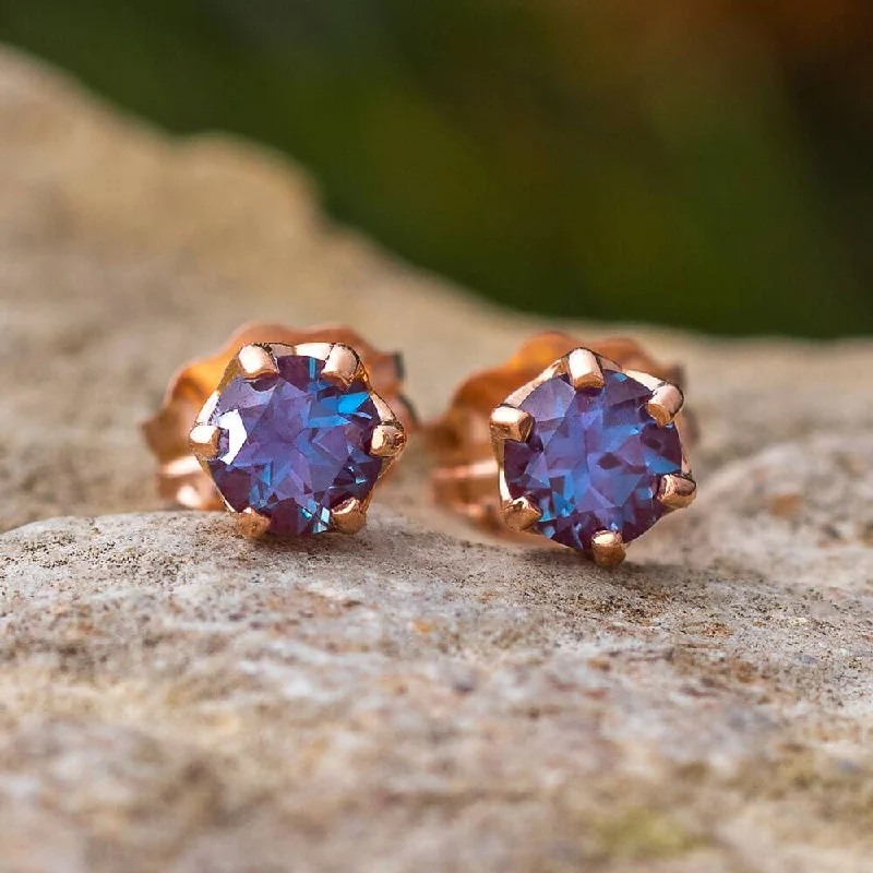 Polished Gold Stud Earrings with Alexandrite Gemstones