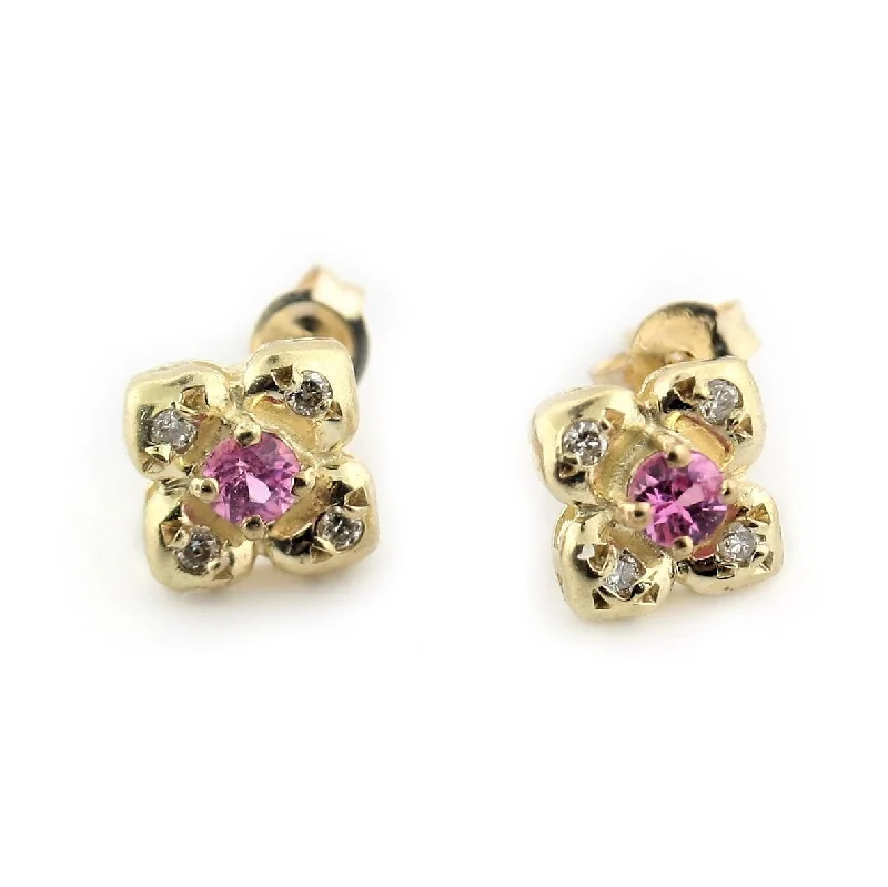 Small Gold Flower Stud Earrings 10K Pink Stone