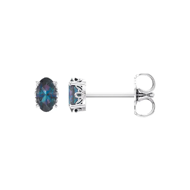 Stud Earrings in 14k White Gold with Oval Lab Created Alexandrite