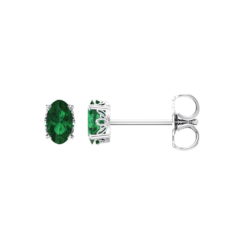 Stud Earrings in 14k White Gold with Oval Lab Created Emeralds