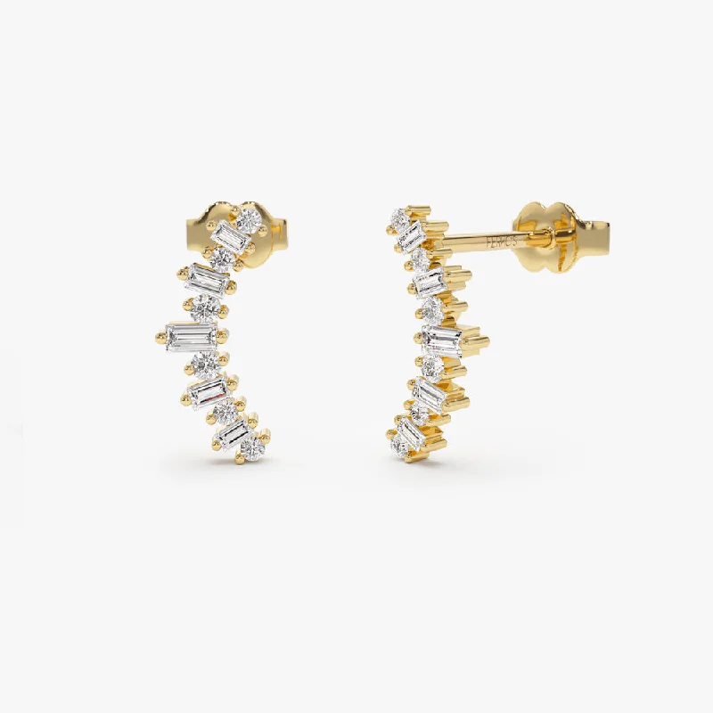 14k Baguette and Round Diamond Ear Crawler Earrings