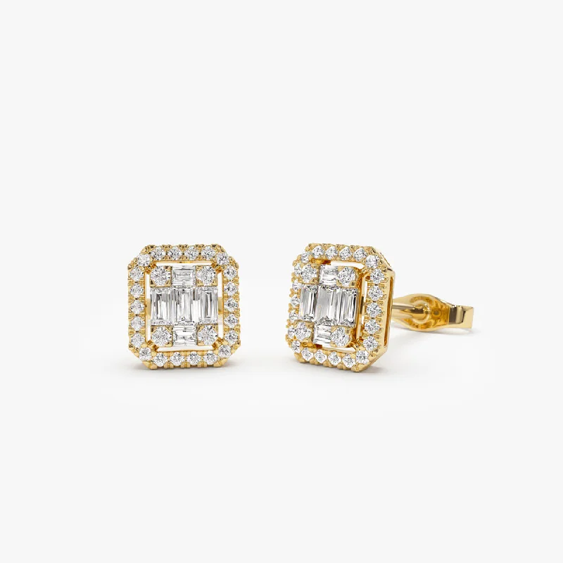 14k Baguette and Round Diamond Studs Halo Setting