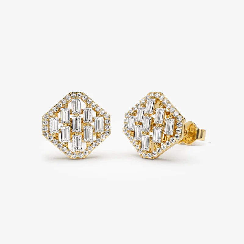 14k Baguette Diamond Earrings in Halo Setting