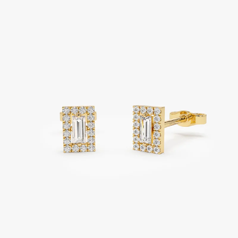 14k Baguette Diamond Halo Setting Diamond Studs