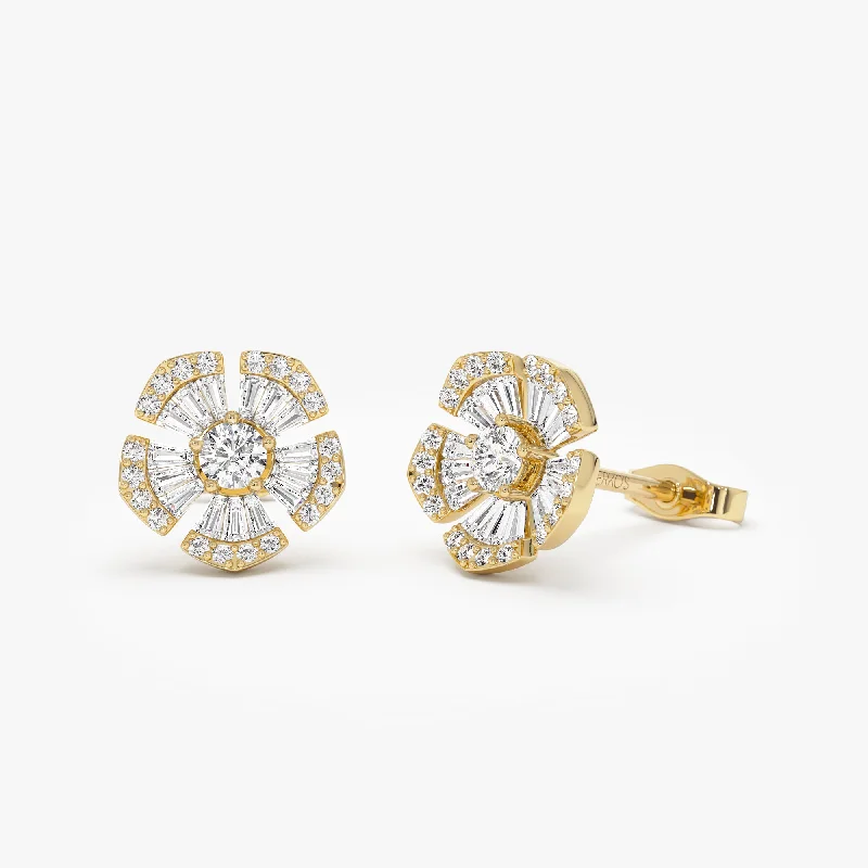 14k Baguette & Round Diamond Unique Flower Earrings