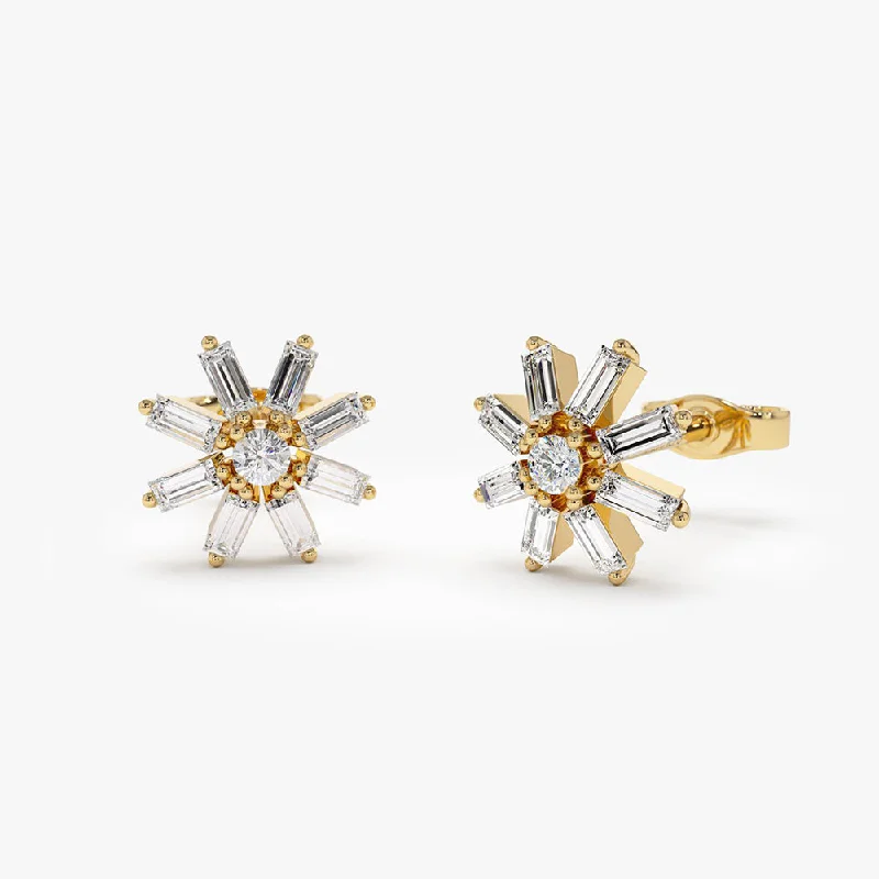 14k Floral Design Baguette Diamond Stud Earrings