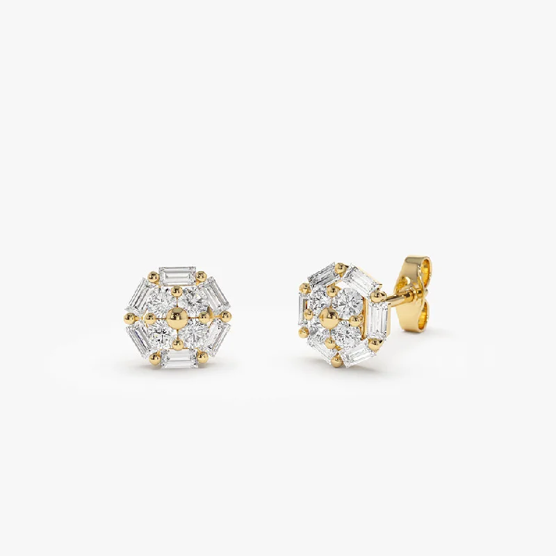 14k Gold Baguette and Round Diamond Cluster Studs