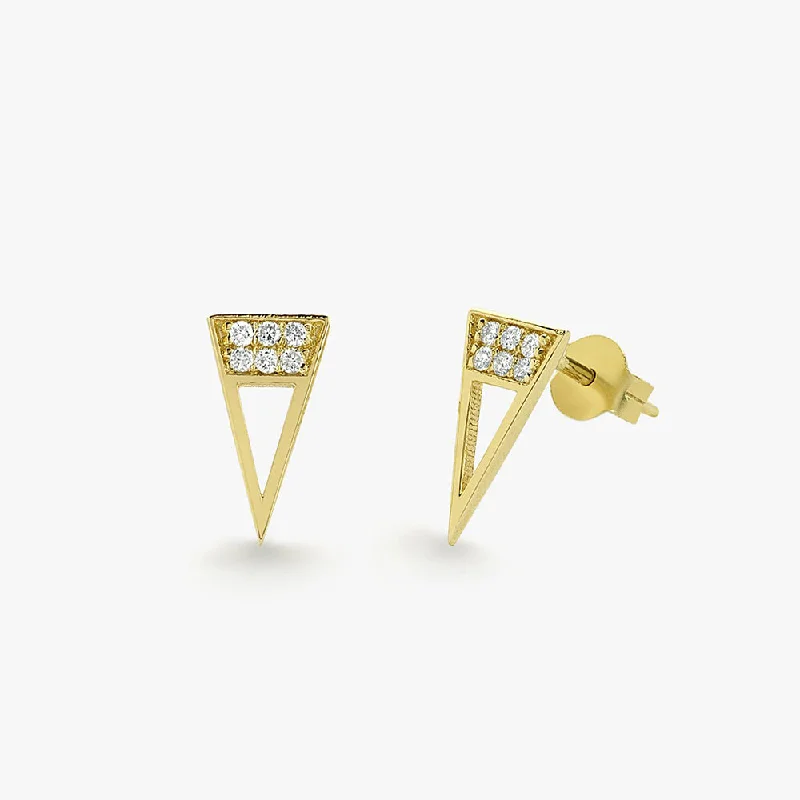 14K Gold Elongated Triangle Earrings with Micro Pave Diamonds