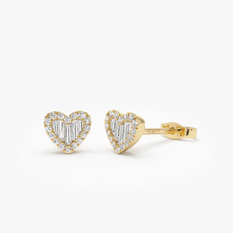 14K Gold Mini Baguette Diamond Heart Studs