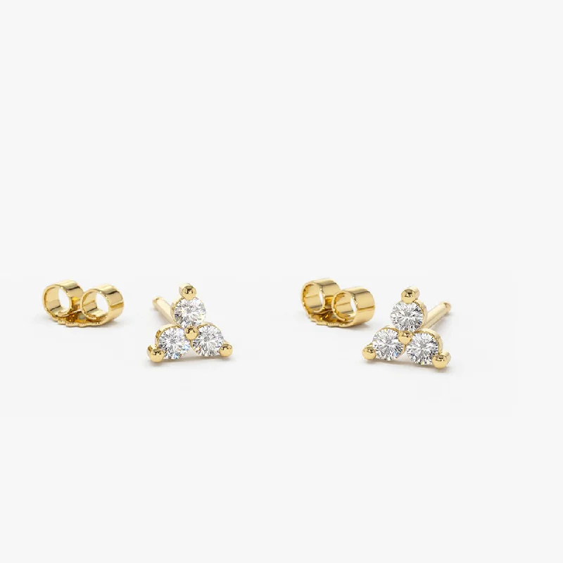 14K Gold Prong Setting Diamond Trio Tiny Stud Earrings