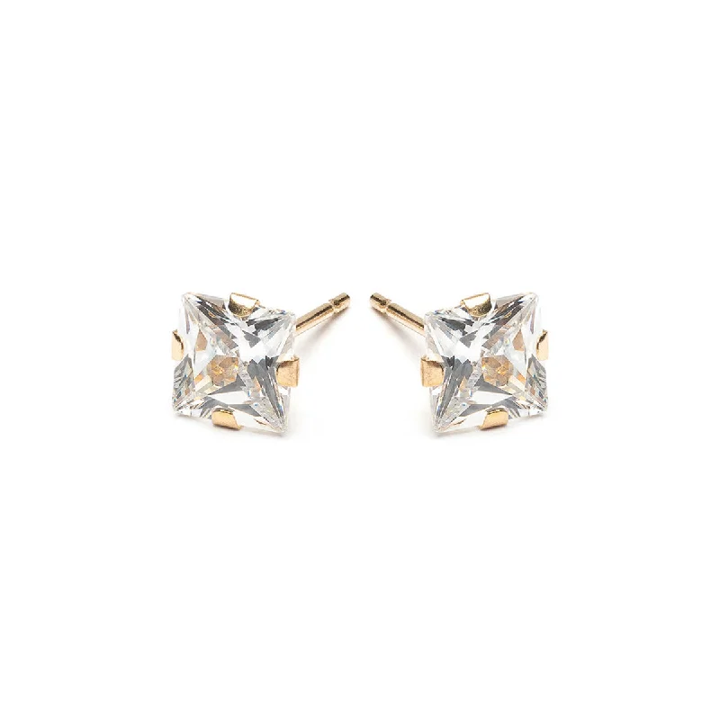 14k Yellow Gold Stud Earrings 5mm Square Zirconia