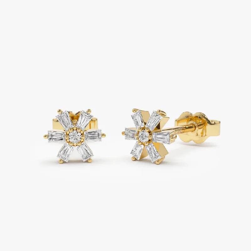 14k Mini Flower Baguette Diamond Earrings