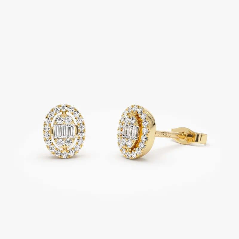 14k Oval Shaped Baguette & Round Diamond Mini Studs