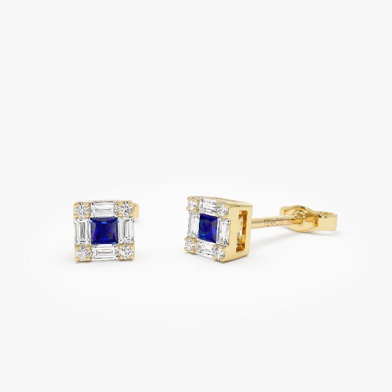 14K Princess-Cut Sapphire Stud Earrings with Diamond Halo