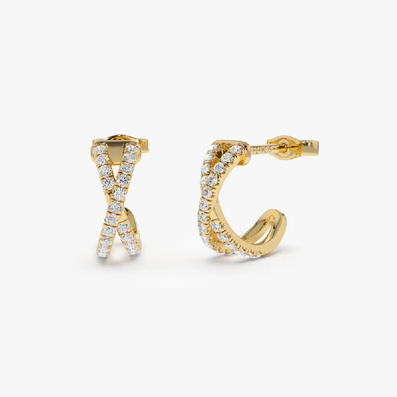 14k Solid Gold Criss Cross Pave Diamond Earrings