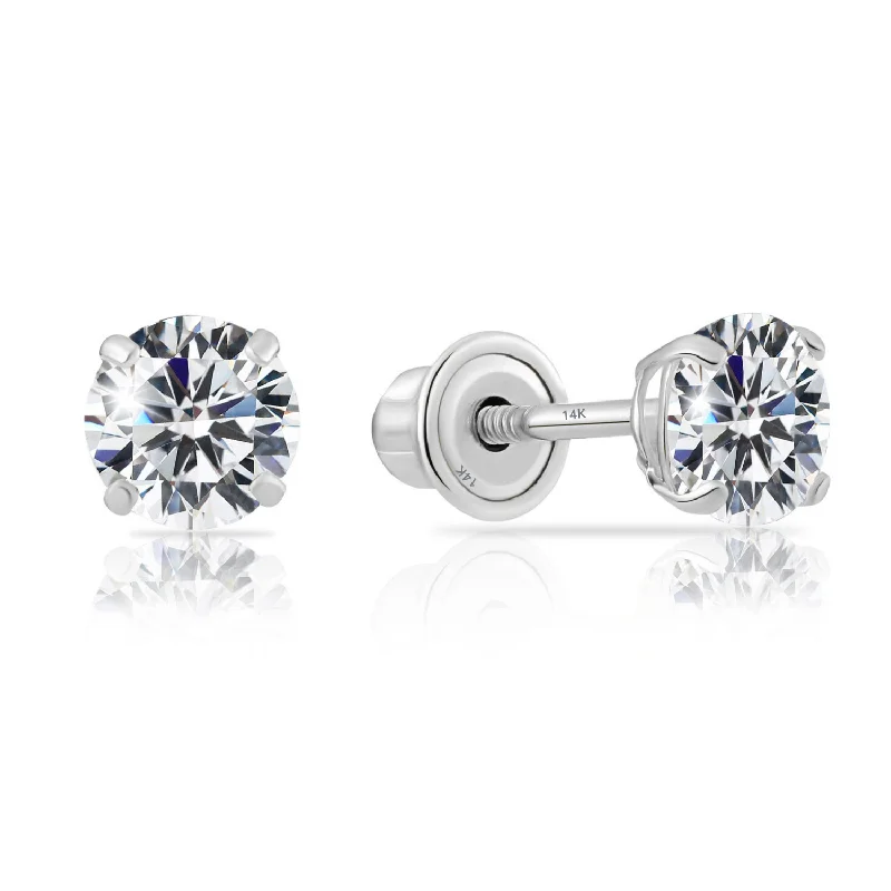 14k White Gold Classic Solitaire Stud Earrings, Screwback, #42677