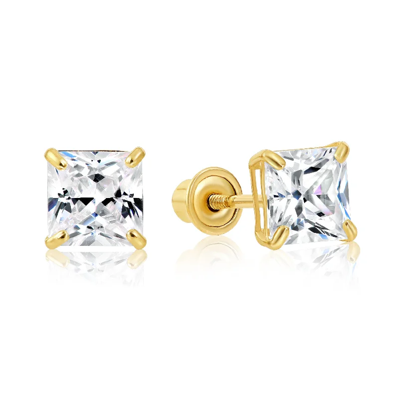 14k Yellow Gold Square Zirconia Stud Earrings, Screwback (Unisex)