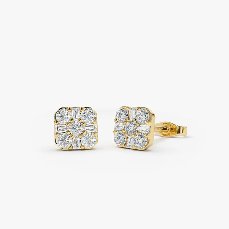 14k Square Baguette and Round Diamond Earrings