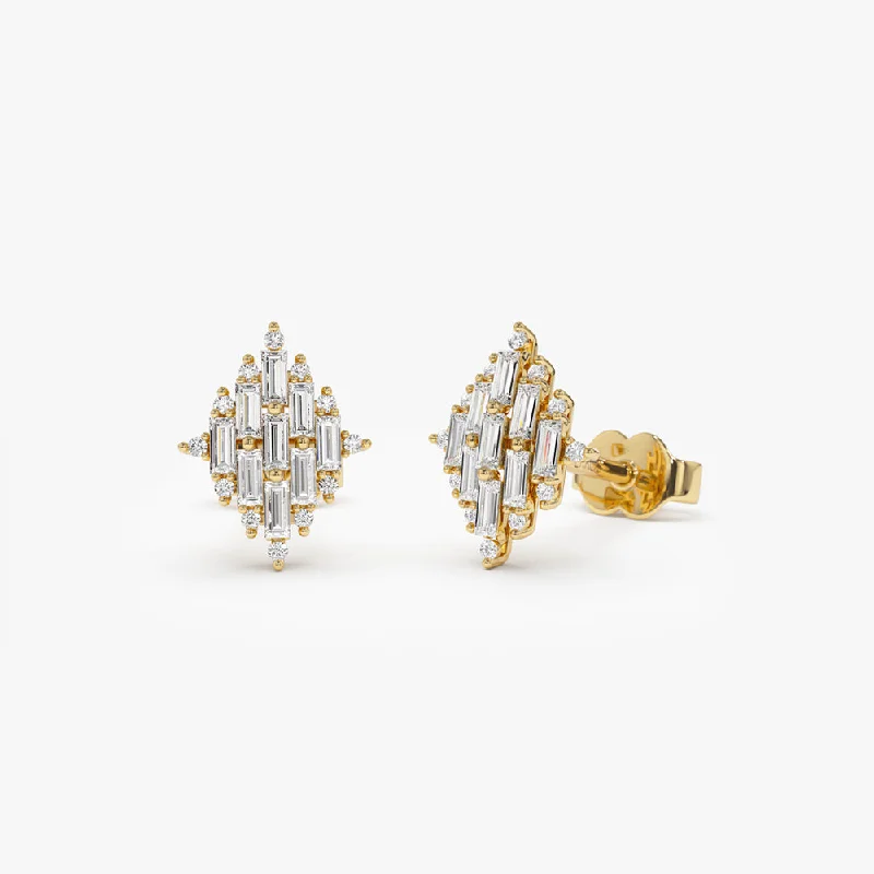 14k Trendy Baguette Diamond Cluster Studs