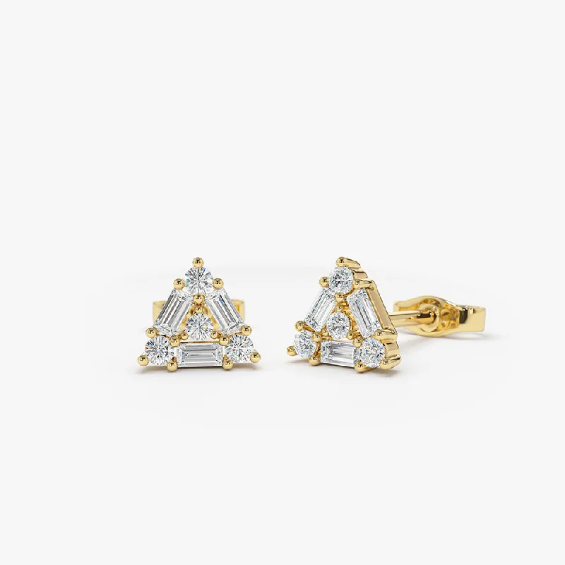 14k Triangle Shaped Round & Baguette Diamond Studs