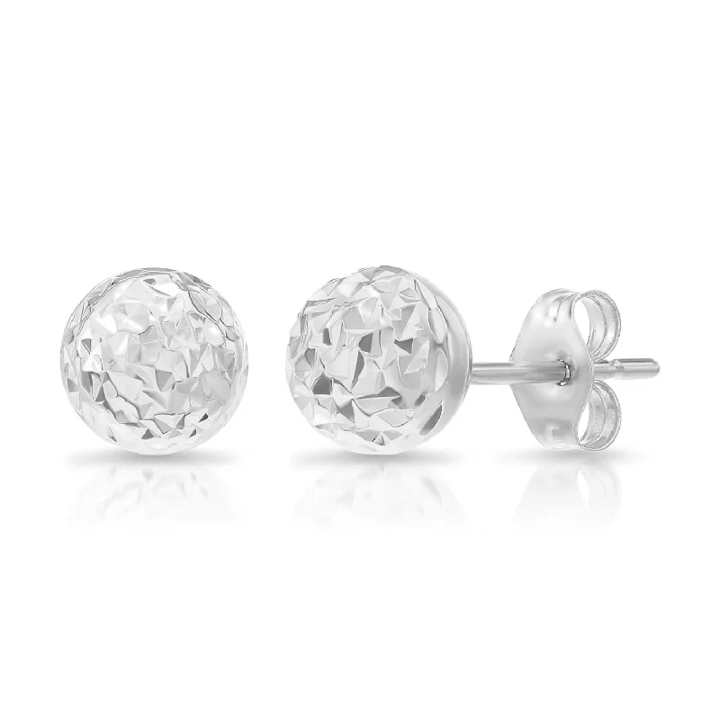 14K White Gold Sparkle Ball Stud Earrings, Hand Engraved Diamond-Cuts