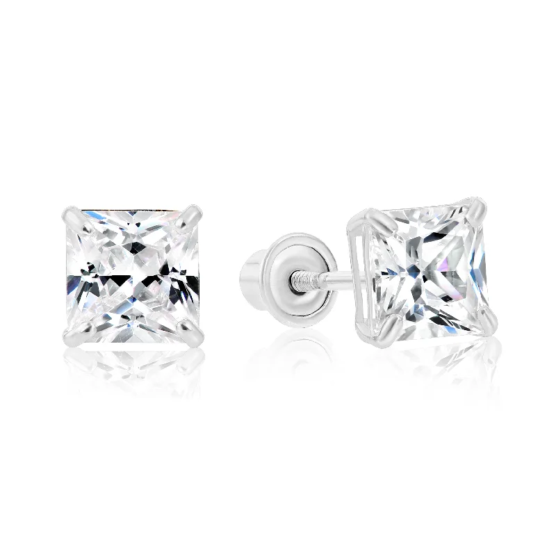 14k White Gold Square Zirconia Stud Earrings, With Screwbacks, Princess Cut Studs