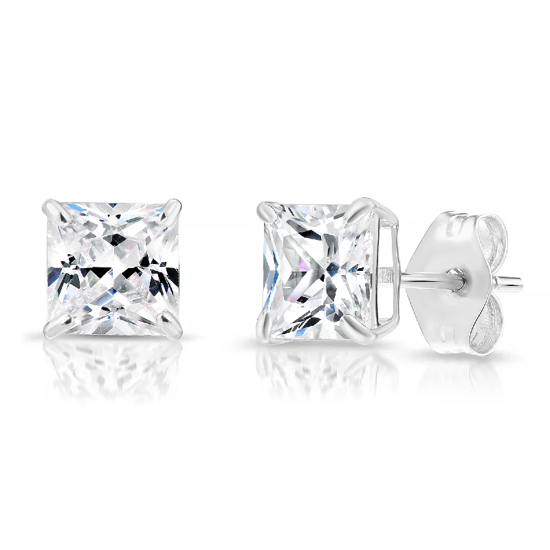 14k White Gold Square Zirconia Stud Earrings with Butterfly Pushbacks, Unisex Design, Princess Cut Studs