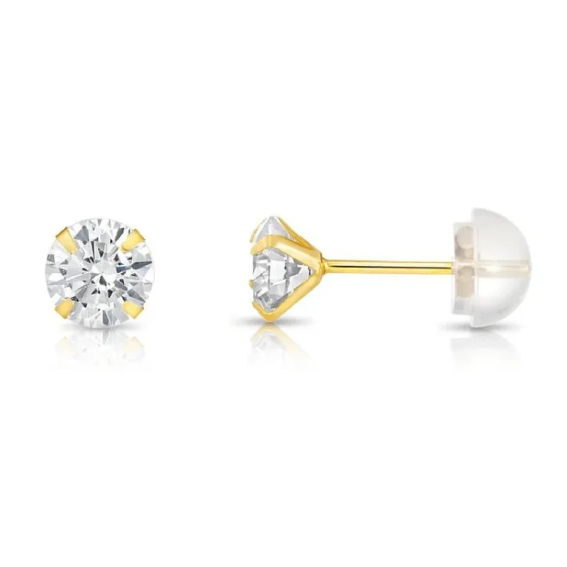 14K Yellow Gold and White Gold Zirconia Stud Earrings, Silicone Push-back, Unisex