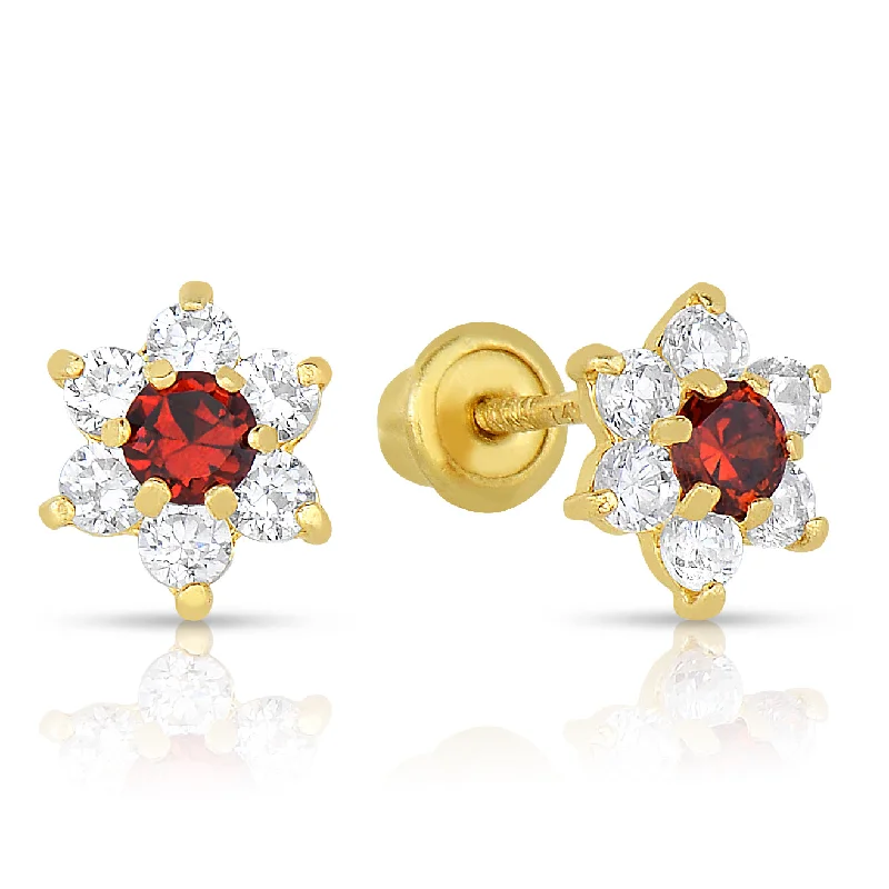 14K Yellow Gold Birthstone Halo Flower Stud Earrings, Available in 12 Colors