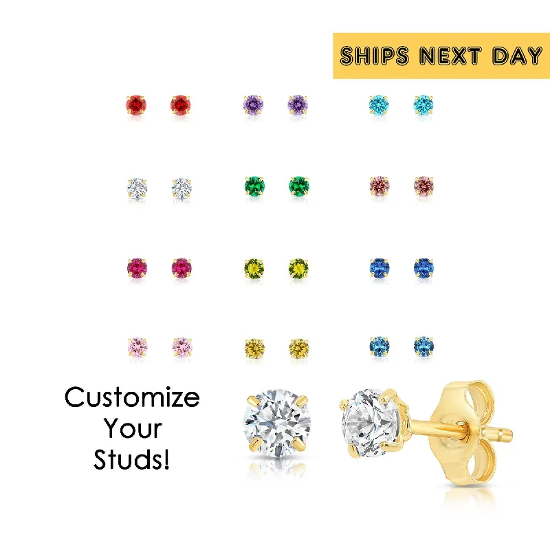 14k Yellow Gold Birthstone Solitaire Stud Earrings, 3mm, Available in 12 Colors