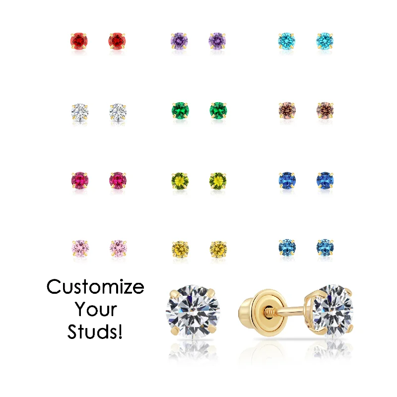 14K Yellow Gold Birthstone Stud Earrings, Screw-back, 4mm