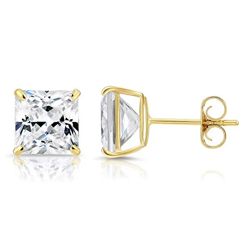 14k Yellow Gold Square Zirconia Stud Earrings with Butterfly Pushbacks, Unisex