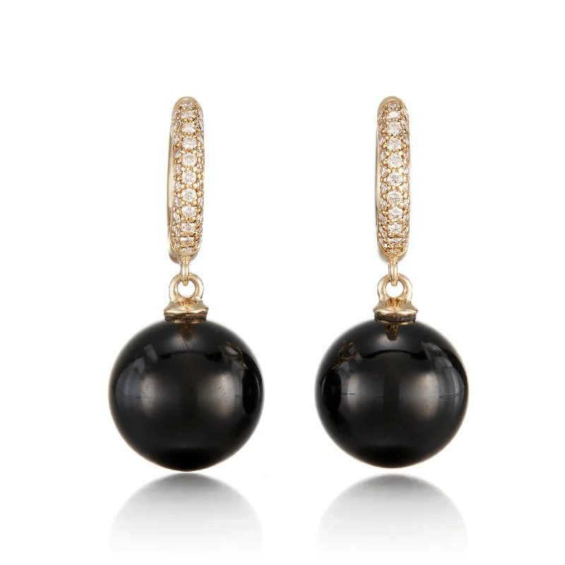 Diamond Hoop & Black Jade Bead Earrings