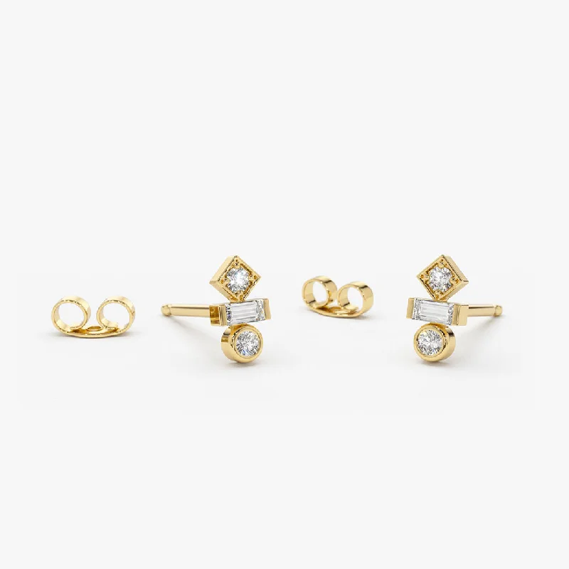 14K Gold Baguette and Round Cut Mix Diamond Earrings