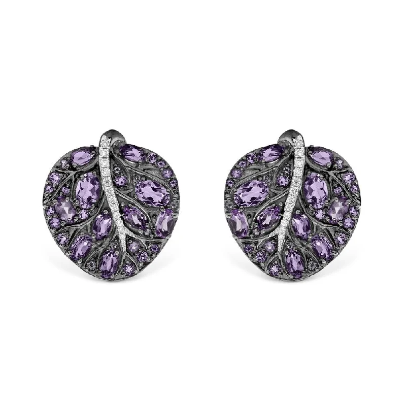 Botanical Leaf 25mm Earrings with Amethyst & Diamonds