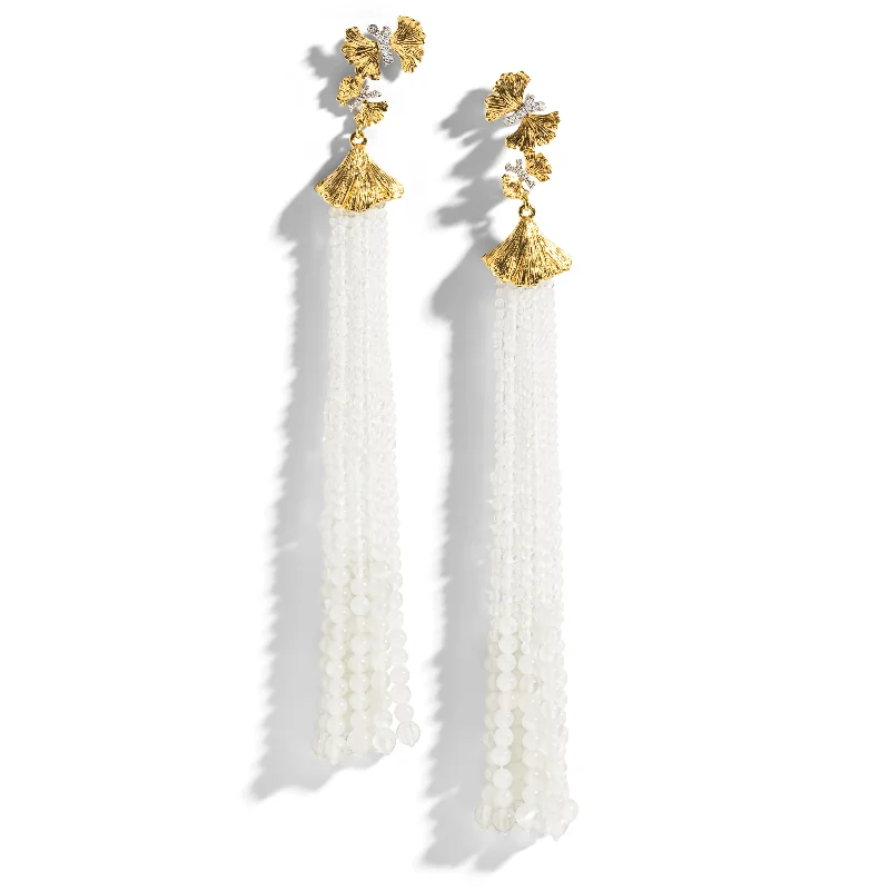 Butterfly Ginkgo Tassel Earrings with Moonstone and Diamonds