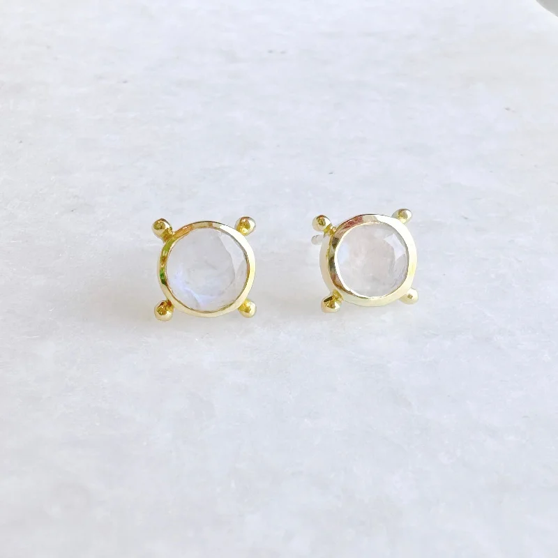 Compass Stud Earrings: Gold Vermeil Rainbow Moonstone