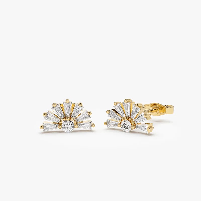 14k Half Round Tapered Baguette Diamond Studs