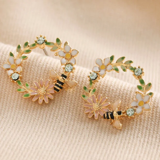 Crystal Flower and Enamel Bee Gold Stud Earrings