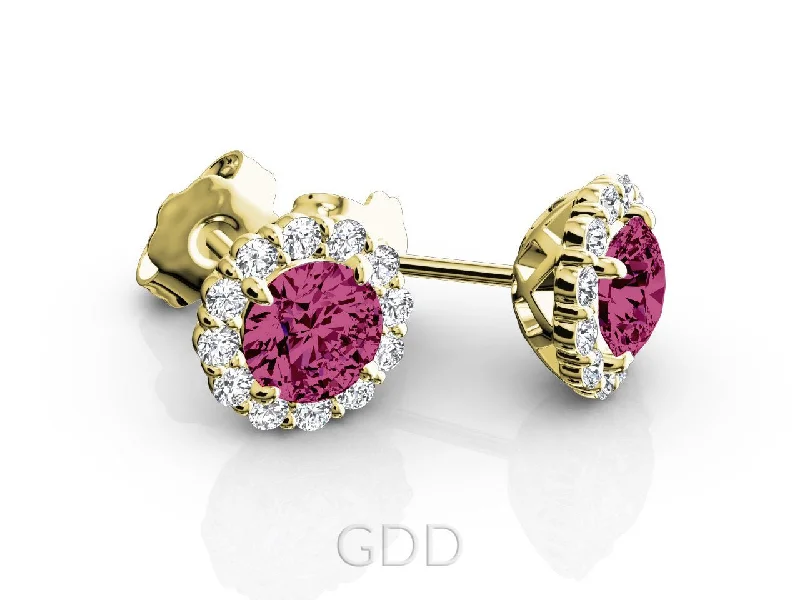 HALO STUD EARRINGS DIAMONDS & CENTER RUBY GEM STONE 14K WHIT GOLD